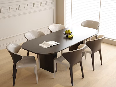 Oval Dark Wooden Dining Table With Six Gray White Chairs Open Book And Fruit Bowl 3d model