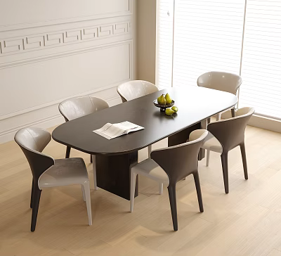 Oval Dark Wooden Dining Table With Six Gray White Chairs Open Book And Fruit Bowl 3d model