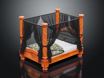 Elegant Four Poster Double Bed With Wooden Posts Black Canopy And Patterned Bedding 3d model