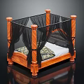 Elegant Four Poster Double Bed With Wooden Posts Black Canopy And Patterned Bedding