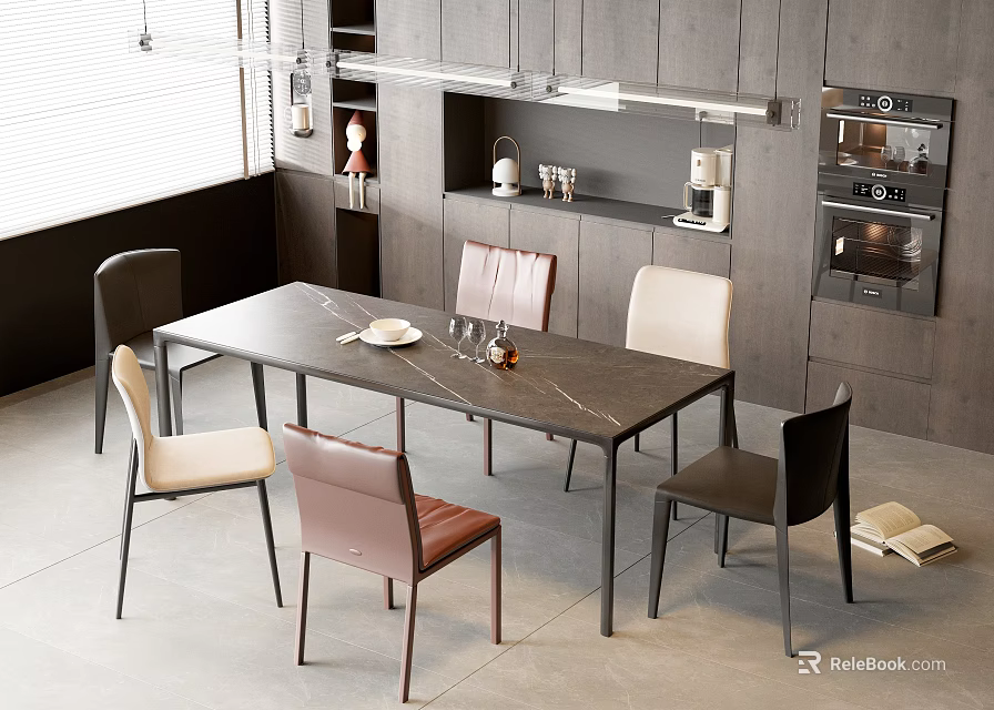 Modern Dark Stone Dining Table Set With Six Multicolor Chairs And Kitchen Cabinets Appliances 3d model 