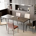 Modern Dark Stone Dining Table Set With Six Multicolor Chairs And Kitchen Cabinets Appliances