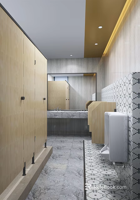 Modern Hotel Bathroom Interior With Wooden Partitions Mirror Sink Counter And Patterned Tiles 3d model 