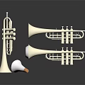 Three Silver Trumpets with Mouthpiece and Cork on Shiny Black Surface with Reflections