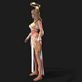 Woman With Long Blonde Hair In Golden Headdress And White Skirt With Fringes And Decorations