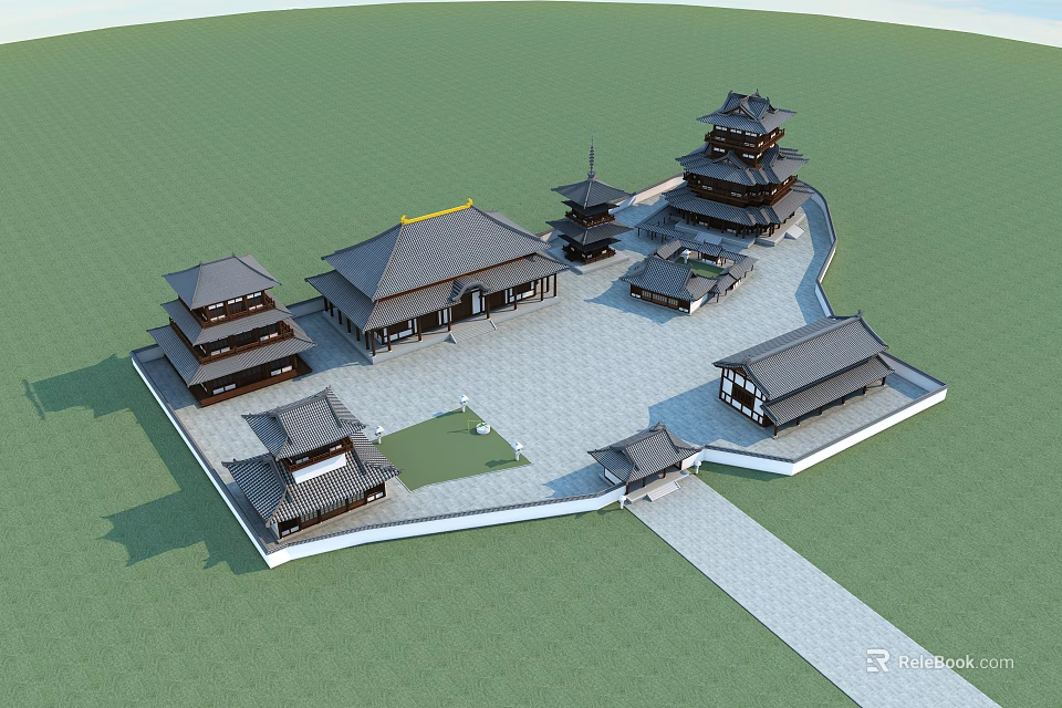 Ancient Chinese Architectural Complex With Multiple Pagodas Traditional Roofs And Courtyard Layout 3d model 