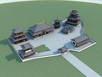 Ancient Chinese Architectural Complex With Multiple Pagodas Traditional Roofs And Courtyard Layout 3d model