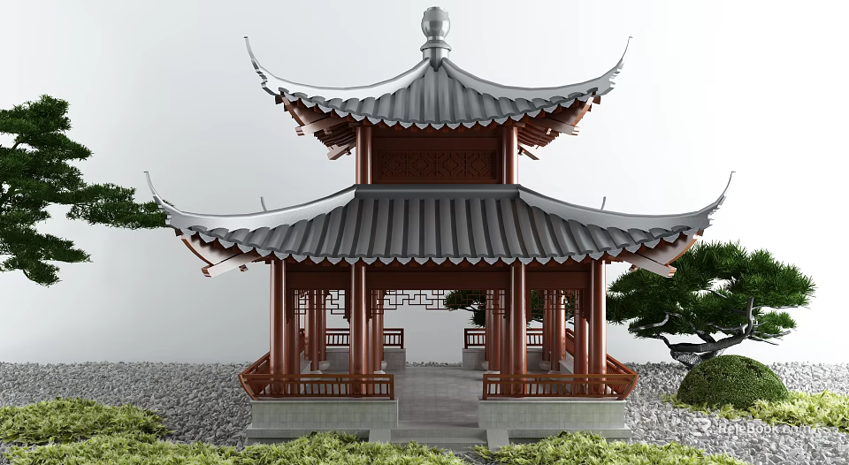 Traditional Chinese Two Story Pavilion with Red Wooden Frame Overhanging Eaves and Gray Tiled Roof 3d model 
