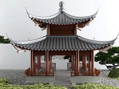 Traditional Chinese Two Story Pavilion with Red Wooden Frame Overhanging Eaves and Gray Tiled Roof 3d model