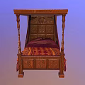 Ornate Wooden Four Poster Double Bed With Carved Headboard Red Gold Bedspread And Drapes