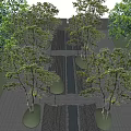 Serene Feature Wall In Garden With Trees Stone Path Stream And Grass Area