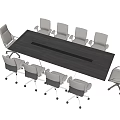 Modern Conference Table With Dark Surface And Central Strip Surrounded By White Rolling Chairs 3d model