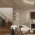 Elegant Living Room Interior Design With Round Ceiling Chandelier Wall Panels And Fireplace