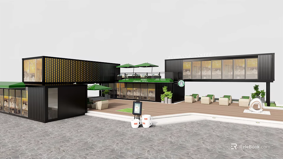 Modern Container Building Café With Black Exterior Large Windows Green Roof And Outdoor Seating 3d model 