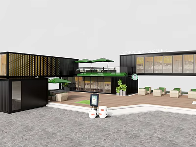 Modern Container Building Café With Black Exterior Large Windows Green Roof And Outdoor Seating 3d model