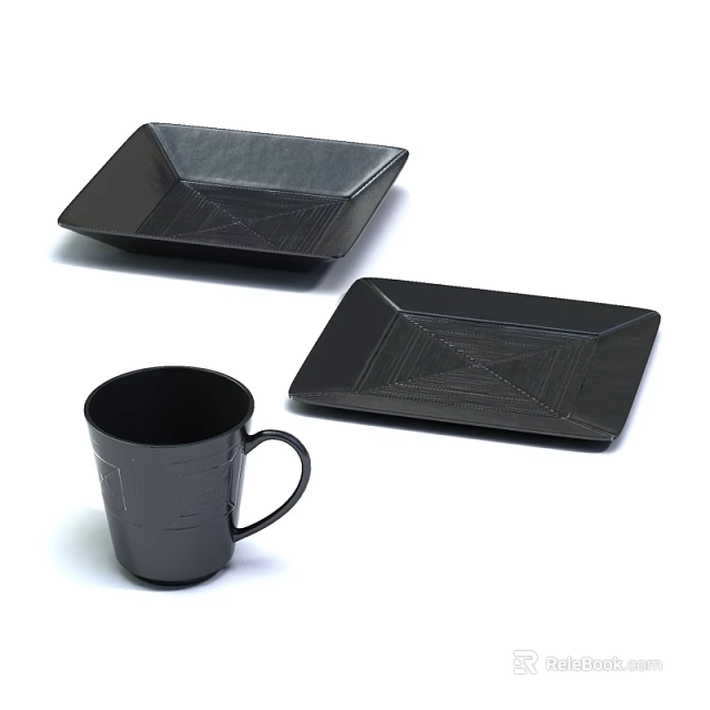 Sleek Black Tableware Set With Square Plates Handle Mug And Geometric Patterns 3d model