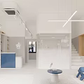 Modern Shopping Mall Store Interior With Wooden Structures Gray Sofa Blue Toys And Decorative Paintings