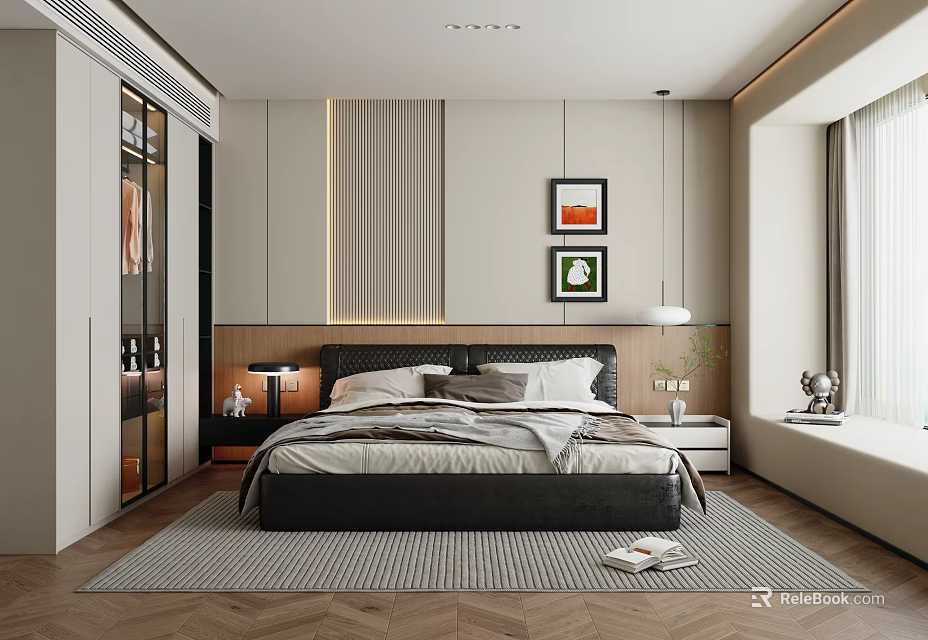 Modern Bedroom Interior Design With Bed Nightstand Wardrobe And Decorative Paintings 3d model 