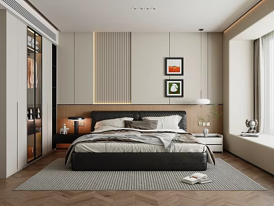 Modern Bedroom Interior Design With Bed Nightstand Wardrobe And Decorative Paintings 3d model