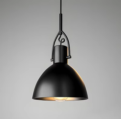Black Metal Pendant Light In Modern Design With Curved Shade And Illuminated Bulb 3d model