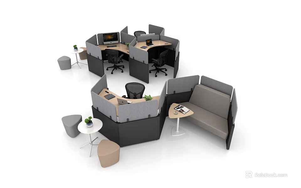 Modern Office Desk Setup In Cubicles With Computers Chairs Sofa And Potted Plants 3d model
