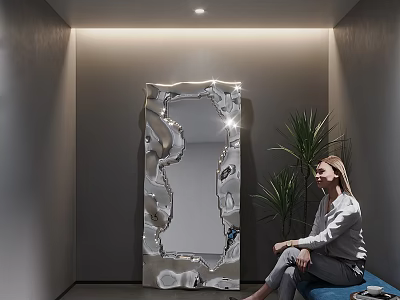 Modern Irregular Shaped Decorative Mirror With Indoor Plant And Woman Sitting In Minimalist Room 3d model