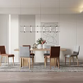 Modern Minimalist Dining Room With Wooden Table Brown Gray Chairs Pendant Lights And Abstract Art
