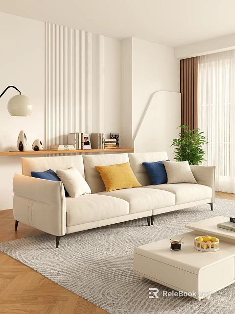 Three Seater Sofa In Modern Living Room With Blue Yellow Pillows Plant And Bookshelf 3d model 