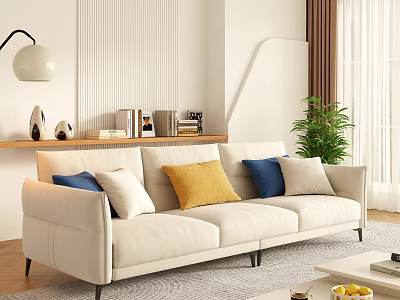 Three Seater Sofa In Modern Living Room With Blue Yellow Pillows Plant And Bookshelf 3d model