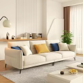 Three Seater Sofa In Modern Living Room With Blue Yellow Pillows Plant And Bookshelf