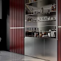 Modern Wine Cabinet with Red Panels Glass Doors and Wine Bottles in Elegant Interior