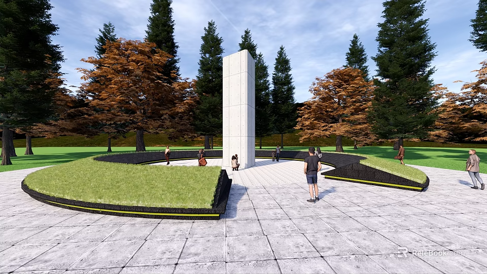 Park Landscape With Tall Monument Green Lawn Autumn Trees And People Walking On Stone Pavement 3d model 