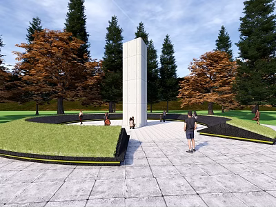 Park Landscape With Tall Monument Green Lawn Autumn Trees And People Walking On Stone Pavement 3d model