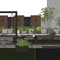 Modern Garden Landscape Featuring Wooden Screens Sofa Cushions Fire Pit Green Plants And Lawn