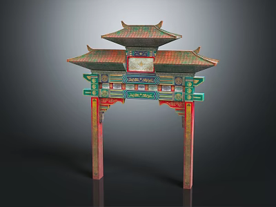 Chinese Traditional Archway With Double Eaved Roof Green Red Ornate Carvings And Classical Design 3d model