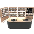 Modern Mall Counter With Wooden Display Shelves And Product Arrangements