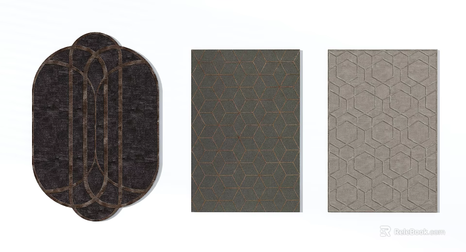 Square Rugs With Hexagonal Pattern In Dark And Light Gray With Gold Accents 3d model