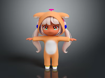 Cartoon Style Game And Movie Character In Orange Fox Costume With White Belly And Pigtails 3d model