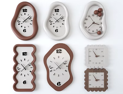Creative Wall Clocks In Various Unique Shapes With Brown And White Frames 3d model