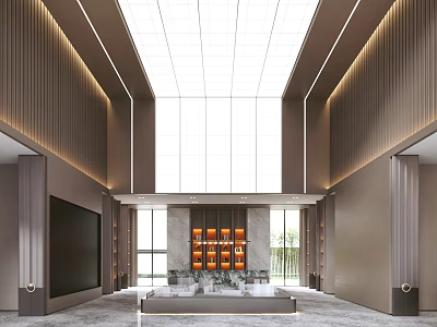 Modern Luxury Sales Office Interior Design With Glass Ceiling Wooden Panels And Central Display Area 3d model