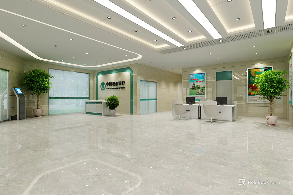 Modern Bank Lobby Interior With Spacious Marble Floor Reception Desk And Green Plants 3d model 