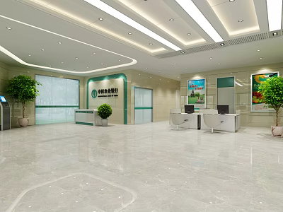 Modern Bank Lobby Interior With Spacious Marble Floor Reception Desk And Green Plants 3d model