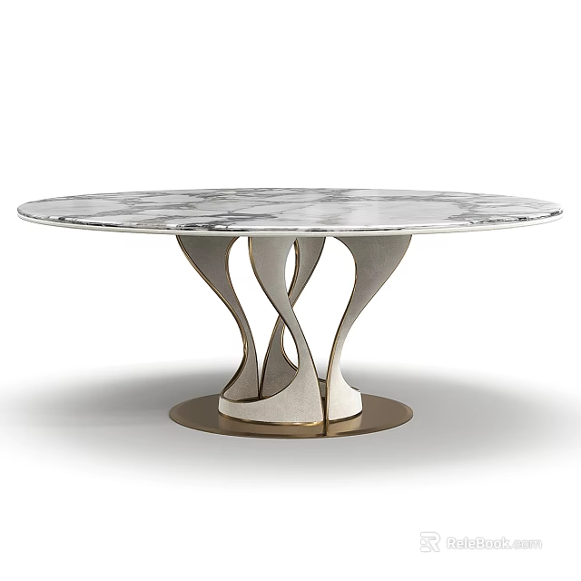 Elegant White Marble Dining Table With Unique Curved Metal Base Design 3d model 