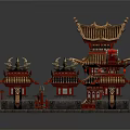 Cartoon Scene Of Chinese Traditional Architecture With Red Gold Roofs Curved Eaves And Multiple Pavilions