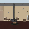 Hotel Public Lounge With Red Carpet Black Fireplace Comfortable Chairs Coffee Table And Recessed Lights