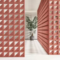Red Geometric Partition Design For Modern Interior Space With Potted Plant 3d model