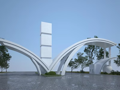 Modern Entrance Gate With Curved White Structure And Tall Pillar Surrounded By Trees 3d model