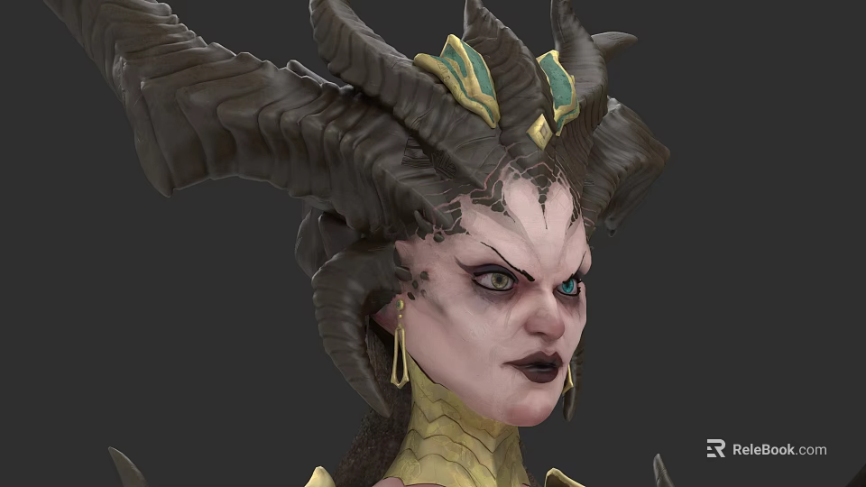 Game Movie Character With Elaborate Horned Headdress Golden Earrings Green Accents Fierce Expression 3d model 
