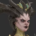 Game Movie Character With Elaborate Horned Headdress Golden Earrings Green Accents Fierce Expression
