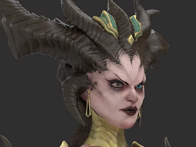 Game Movie Character With Elaborate Horned Headdress Golden Earrings Green Accents Fierce Expression 3d model